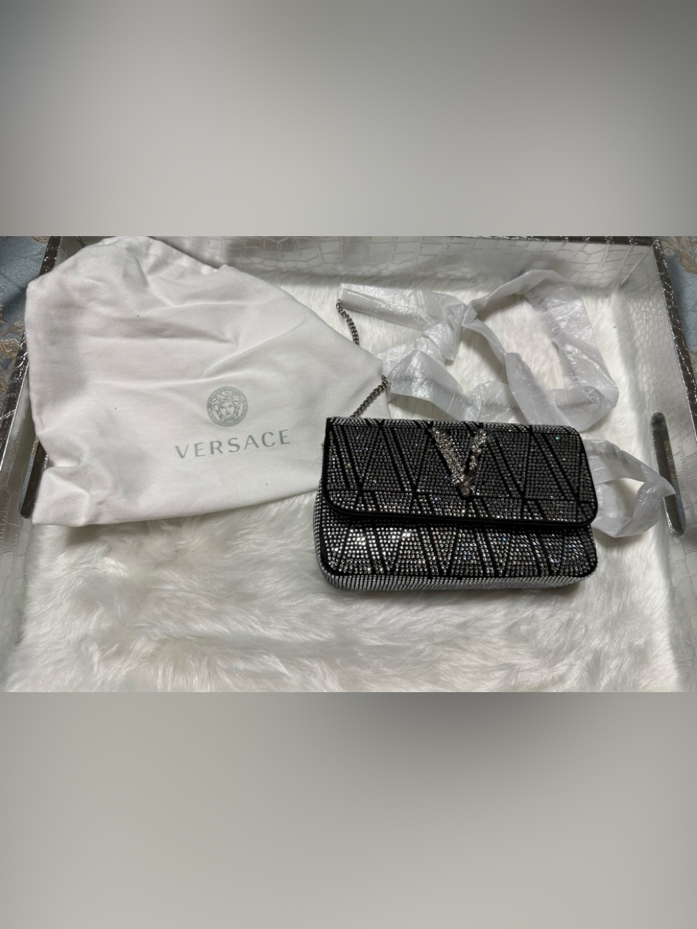 New!! Versace Black and Silver All Over Crystal Chain Crossbody Bag